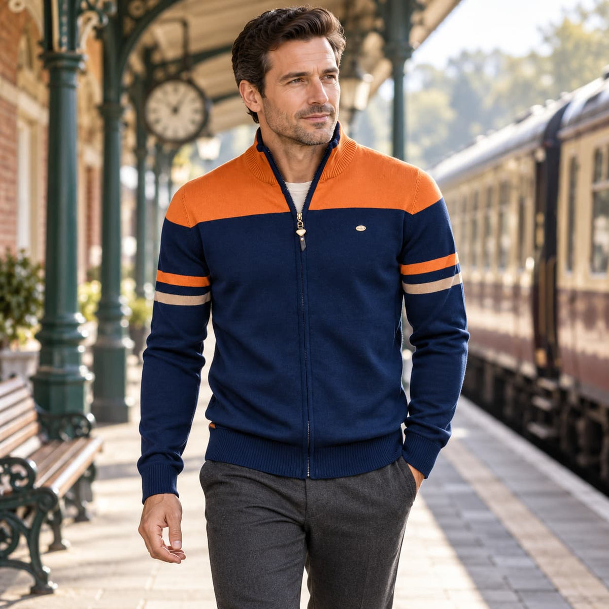 Men’s Striped Stand Collar Knit Jacket