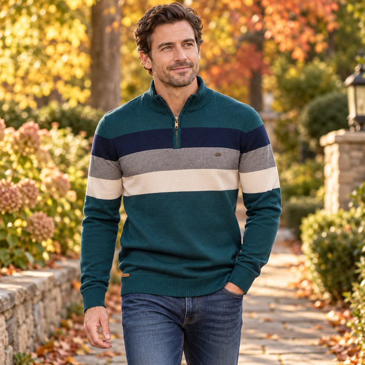 Men’s Striped Mock Neck Pullover Sweater