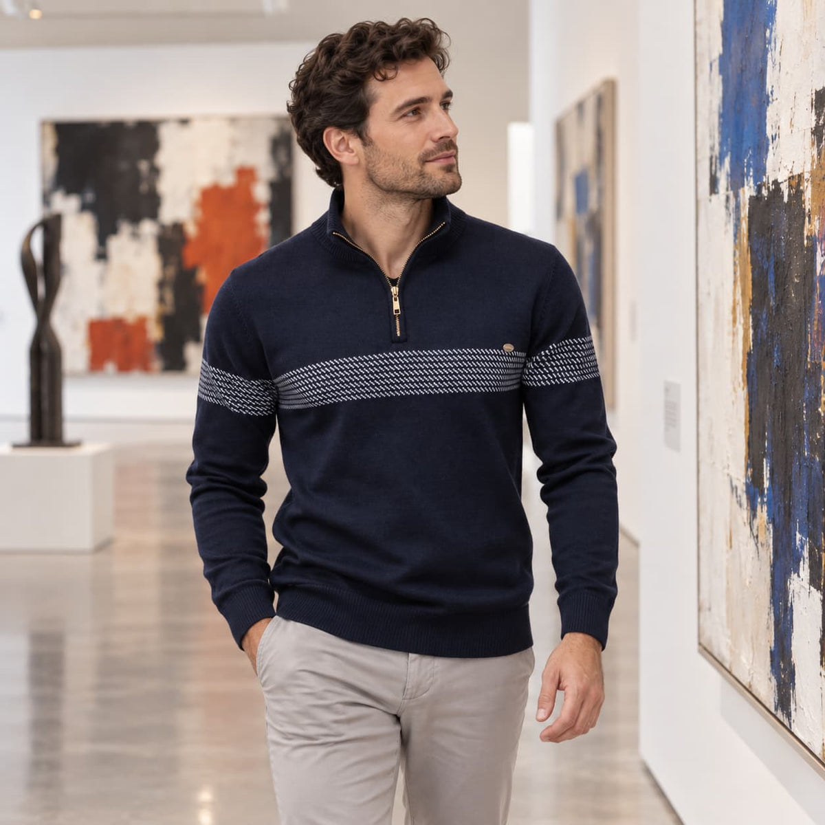 Men’s Textured Stand Collar Knit Sweater