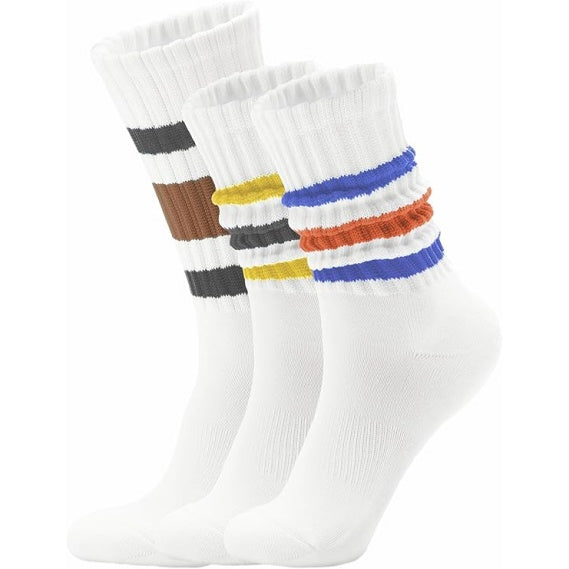 Unisex Striped Crew Socks – 3 Pairs Slouchy Cotton Athletic Calf Socks
