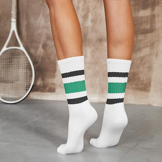 Unisex Striped Crew Socks – 3 Pairs Slouchy Cotton Athletic Calf Socks