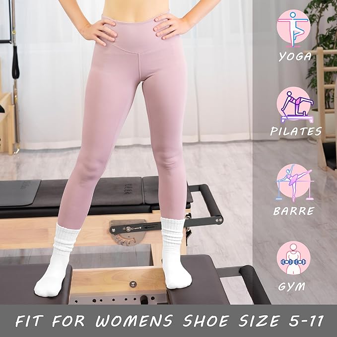 Women’s White Non-Slip Pilates Socks – 3 Pairs Scrunch Crew