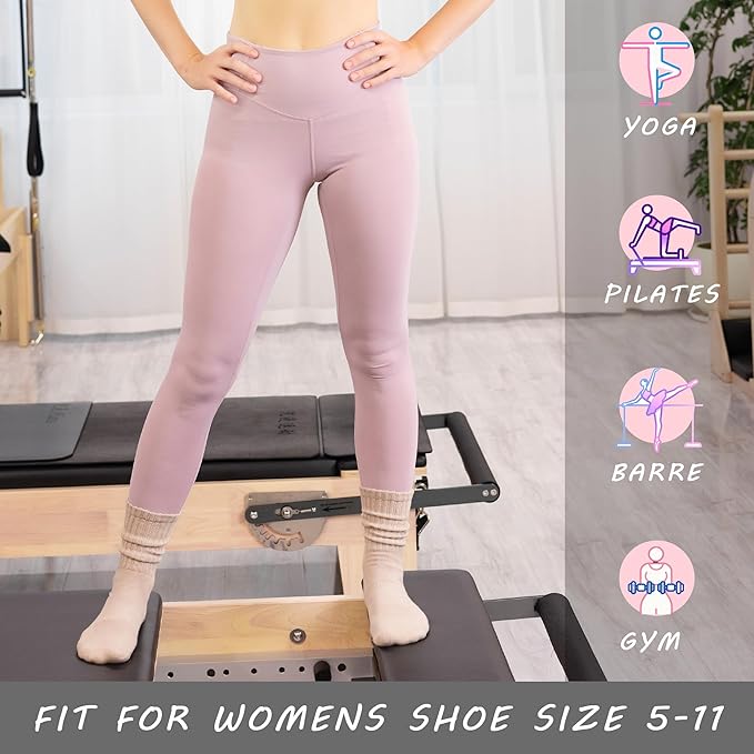 Women’s Non-Slip Pilates Socks – 3 Pairs Scrunch Crew (Beige/Khaki/Brown)