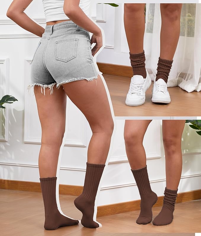 Unisex Slouchy Cotton Crew Socks – 3-Pack (White/Khaki/Brown)