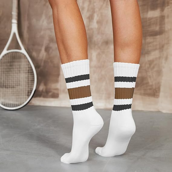 Unisex Striped Crew Socks – 3 Pairs Slouchy Cotton Athletic Calf Socks