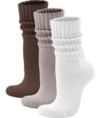 Unisex Slouchy Cotton Crew Socks – 3-Pack (White/Khaki/Brown)