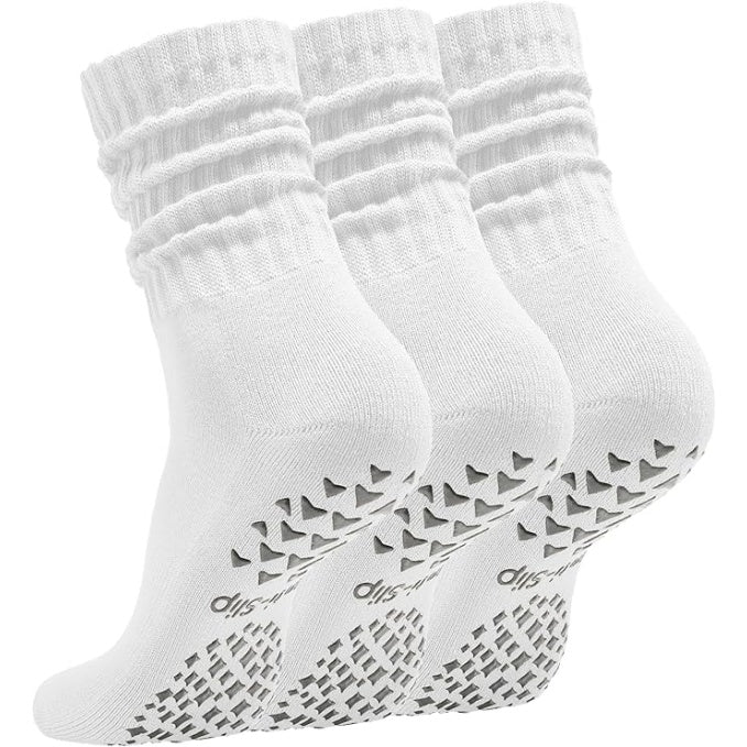 Women’s White Non-Slip Pilates Socks – 3 Pairs Scrunch Crew