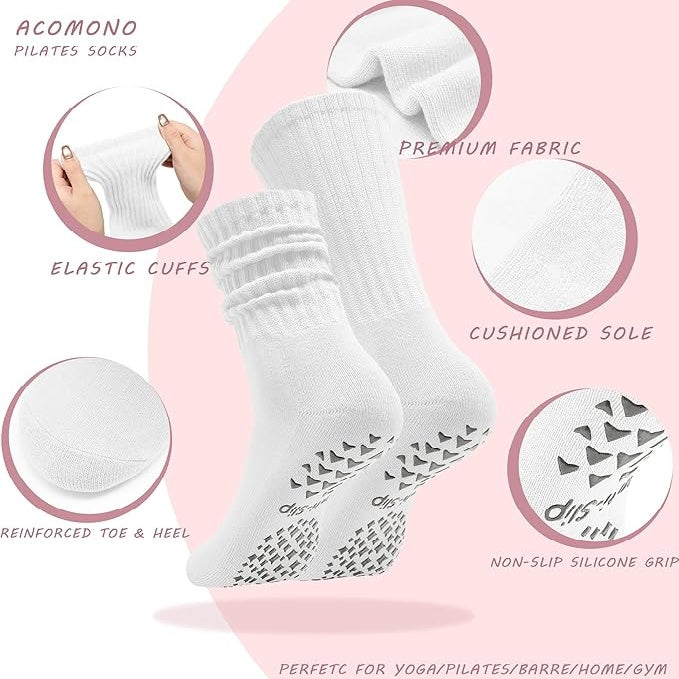 Women’s White Non-Slip Pilates Socks – 3 Pairs Scrunch Crew
