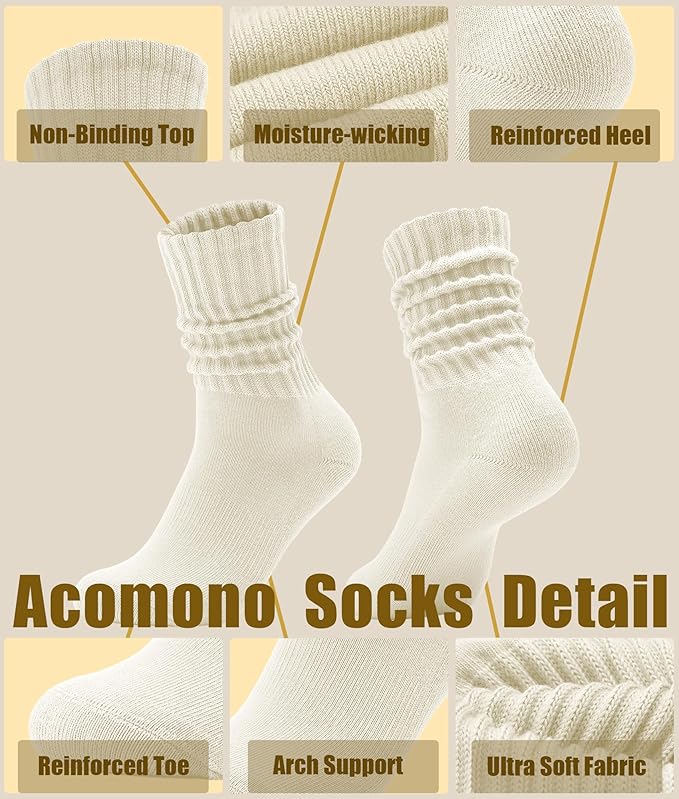 Unisex Slouchy Cotton Crew Socks – 3-Pack (White/Black/Beige)