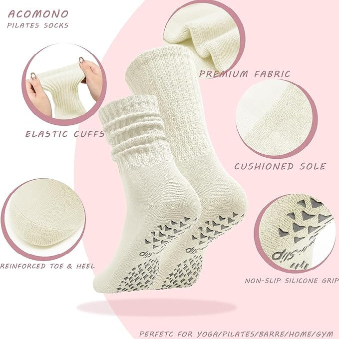 Women’s Non-Slip Pilates Socks – 3 Pairs Scrunch Crew (Beige/Khaki/Brown)