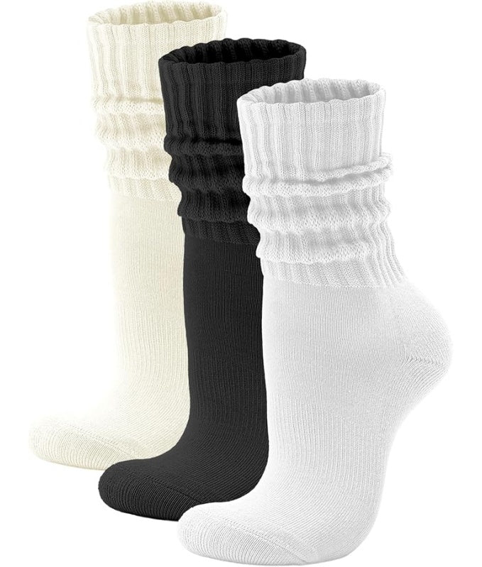 Unisex Slouchy Cotton Crew Socks – 3-Pack (White/Black/Beige)