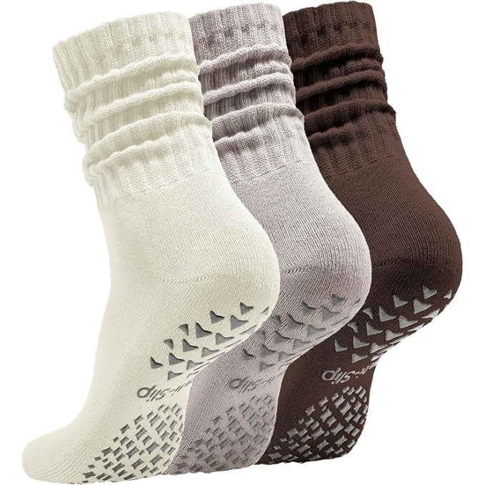 Women’s Non-Slip Pilates Socks – 3 Pairs Scrunch Crew (Beige/Khaki/Brown)