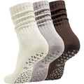 Women’s Non-Slip Pilates Socks – 3 Pairs Scrunch Crew (Beige/Khaki/Brown)